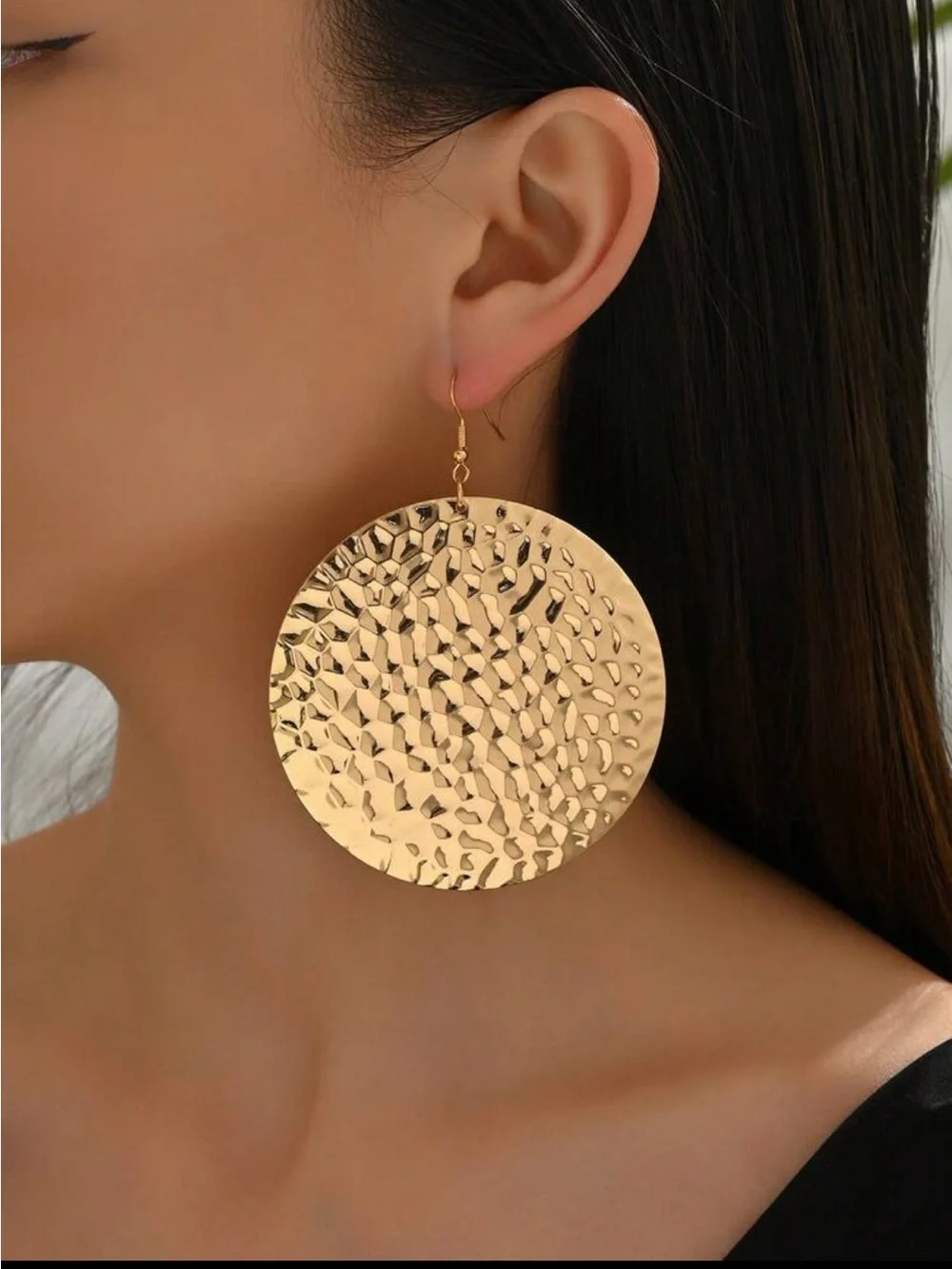 Gold Hammered Disc Drop Earrings - Women Jewelry